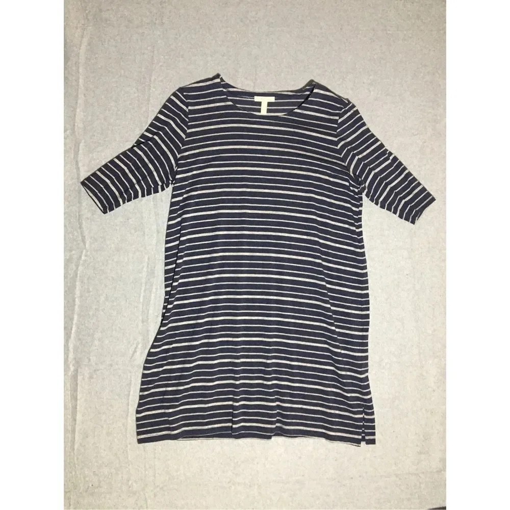 Womens Eileen Fisher Dress Size Medium Navy Grey Striped Half Sleeve Made in USA